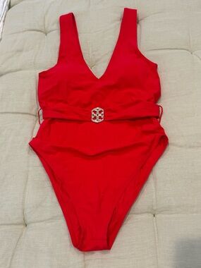 Tory Burch Miller Plunge V-Neck One-Piece Swimsuit with Decorative Belt Size SM